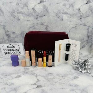 Gucci Beauty Gift Set-Burgundy Pouch,Mascara,Serum Primer,Matte Lip-4pc-NEW